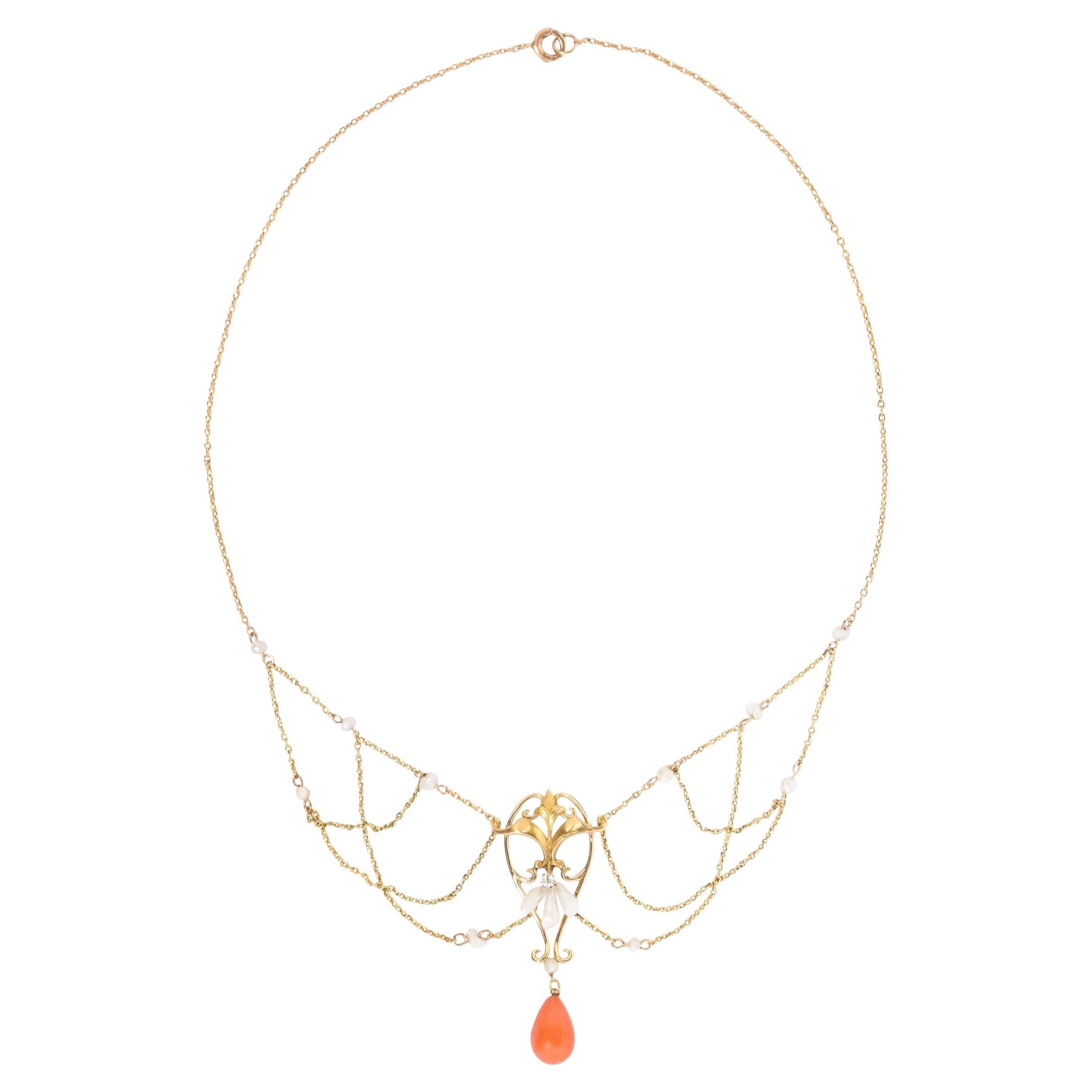 Art Nouveau 14k Gold, Pearl, Coral and Diamond Swag Necklace For Sale