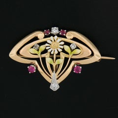 Jugendstil 14k Gold & Platin Diamant Rubin Emaille Arbeit Blumenbrosche Anhänger
