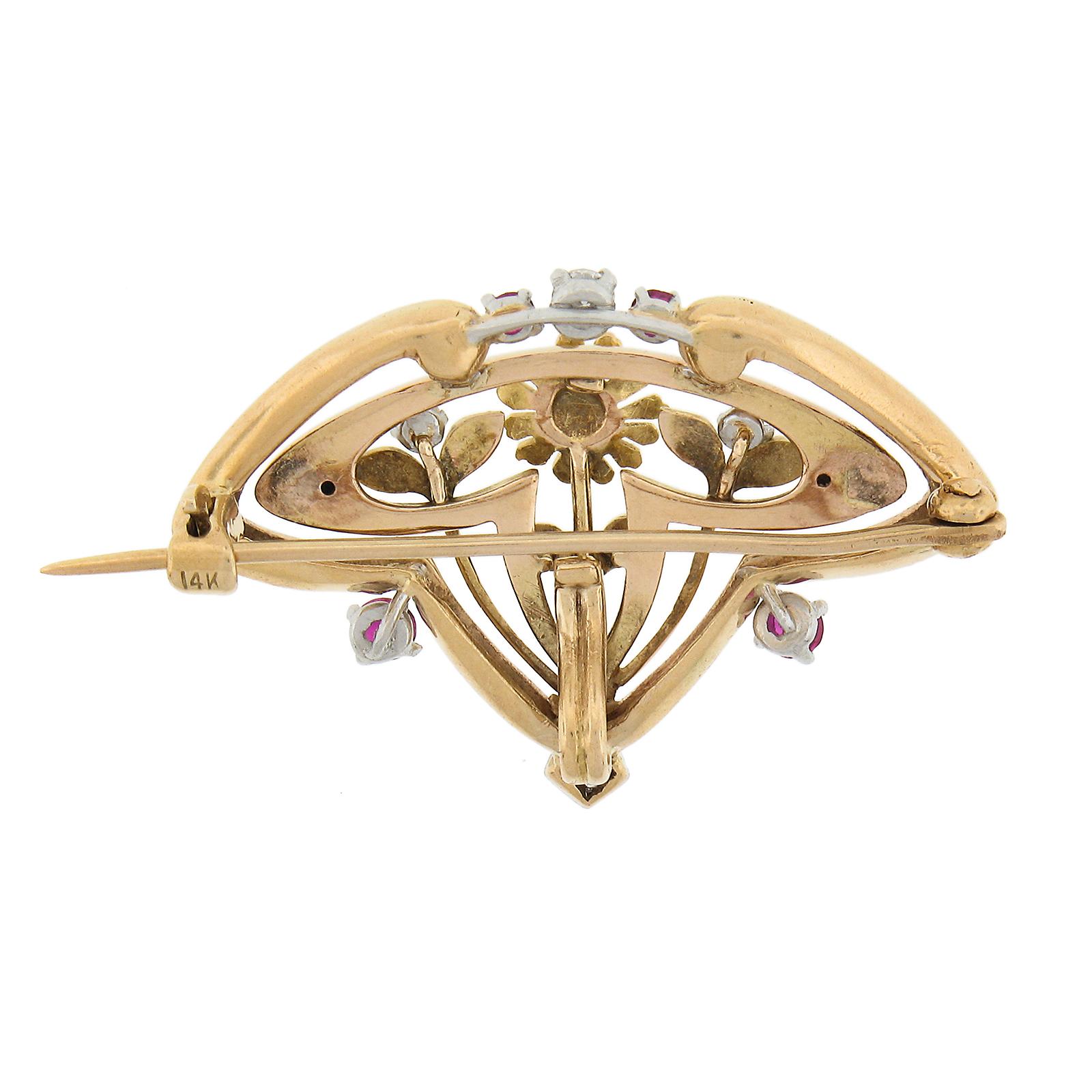 Round Cut Art Nouveau 14k Gold & Platinum Diamond Ruby Enamel Work Floral Brooch Pendant For Sale