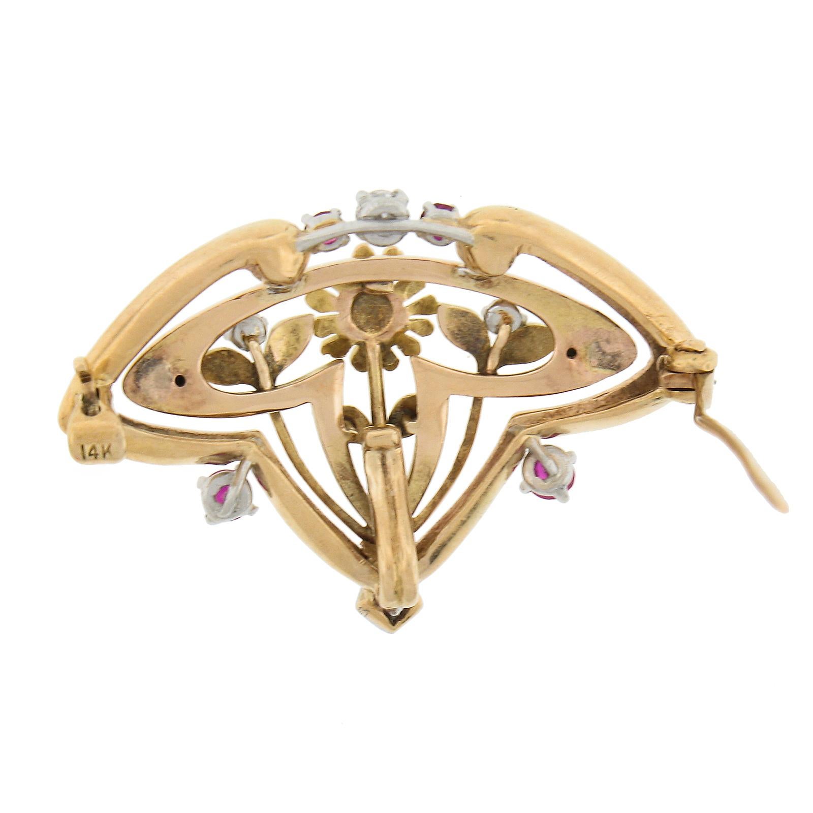Art Nouveau 14k Gold & Platinum Diamond Ruby Enamel Work Floral Brooch Pendant In Excellent Condition For Sale In Montclair, NJ