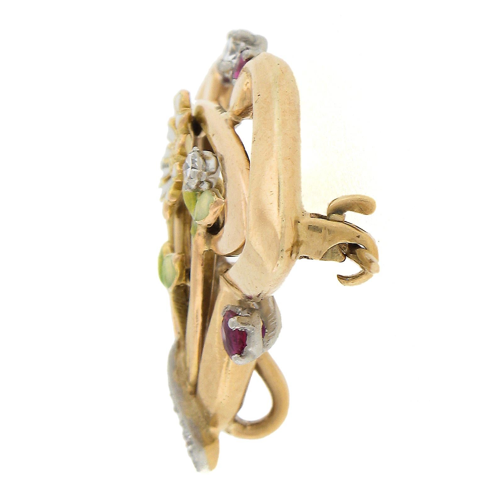 Women's Art Nouveau 14k Gold & Platinum Diamond Ruby Enamel Work Floral Brooch Pendant For Sale