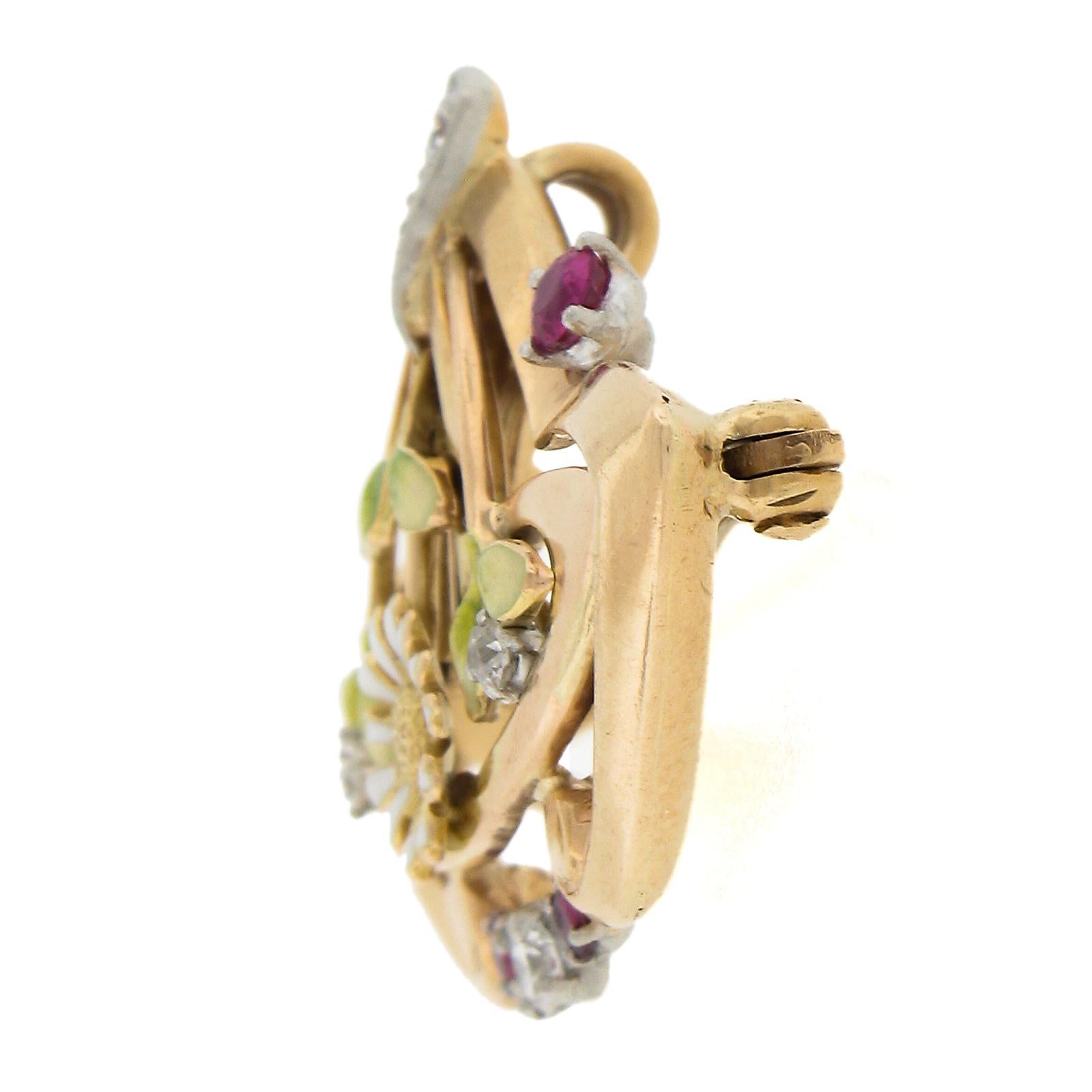 Art Nouveau 14k Gold & Platinum Diamond Ruby Enamel Work Floral Brooch Pendant For Sale 1