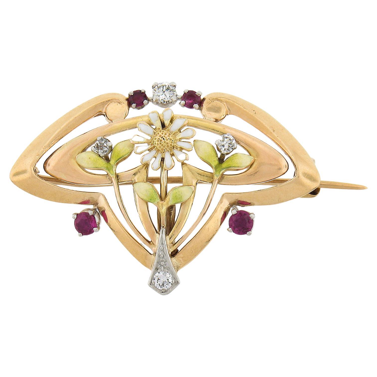 Art Nouveau 14k Gold & Platinum Diamond Ruby Enamel Work Floral Brooch Pendant