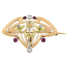Art Nouveau 14k Oro y Platino Diamante Rubí Esmalte Trabajo Broche Colgante Floral