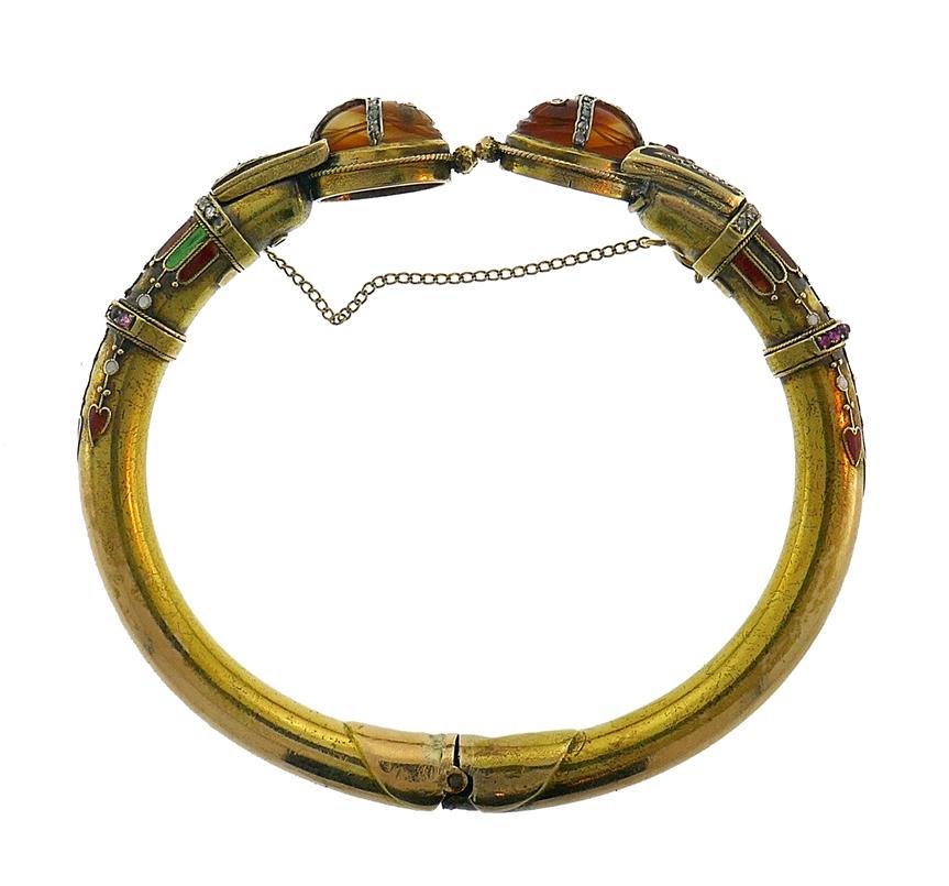 Mixed Cut Art Nouveau 14k Gold Scarab Bangle Bracelet Estate Jewelry Antique