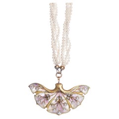 Antique Art Nouveau 14K Gold, Seed Pearl and Diamond Plique-a-Jour Pendant Necklace