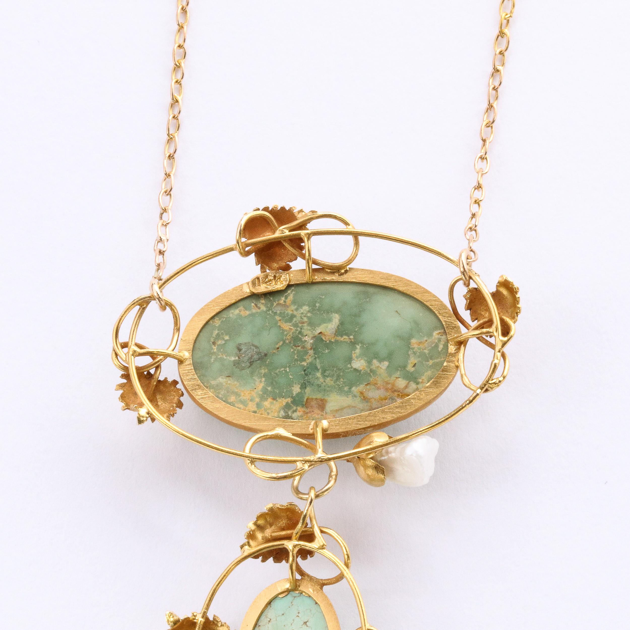 Art Nouveau 14k Gold Turquoise and Pearl Lavalier Style Necklace In Excellent Condition For Sale In New York, NY