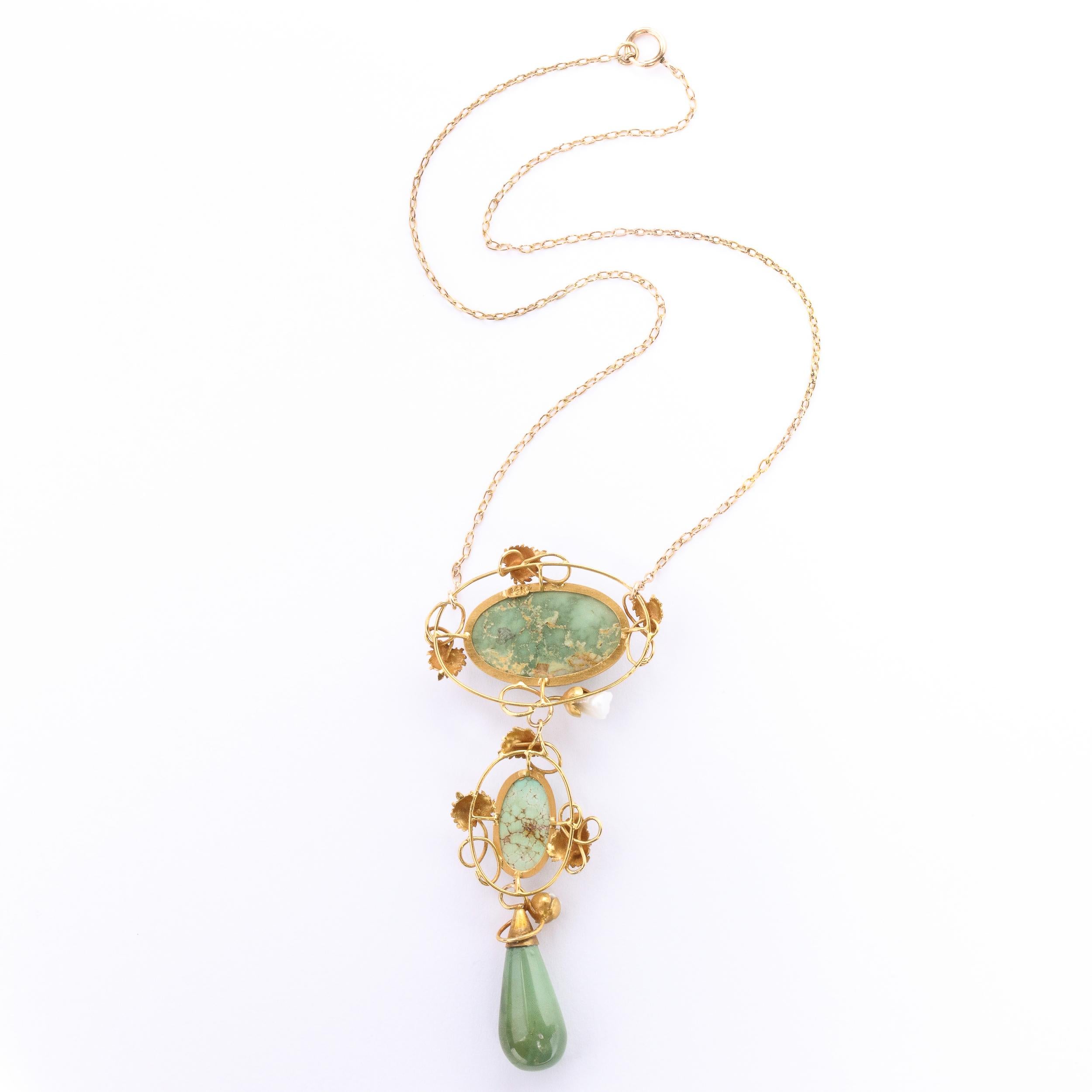 Women's or Men's Art Nouveau 14k Gold Turquoise and Pearl Lavalier Style Necklace For Sale
