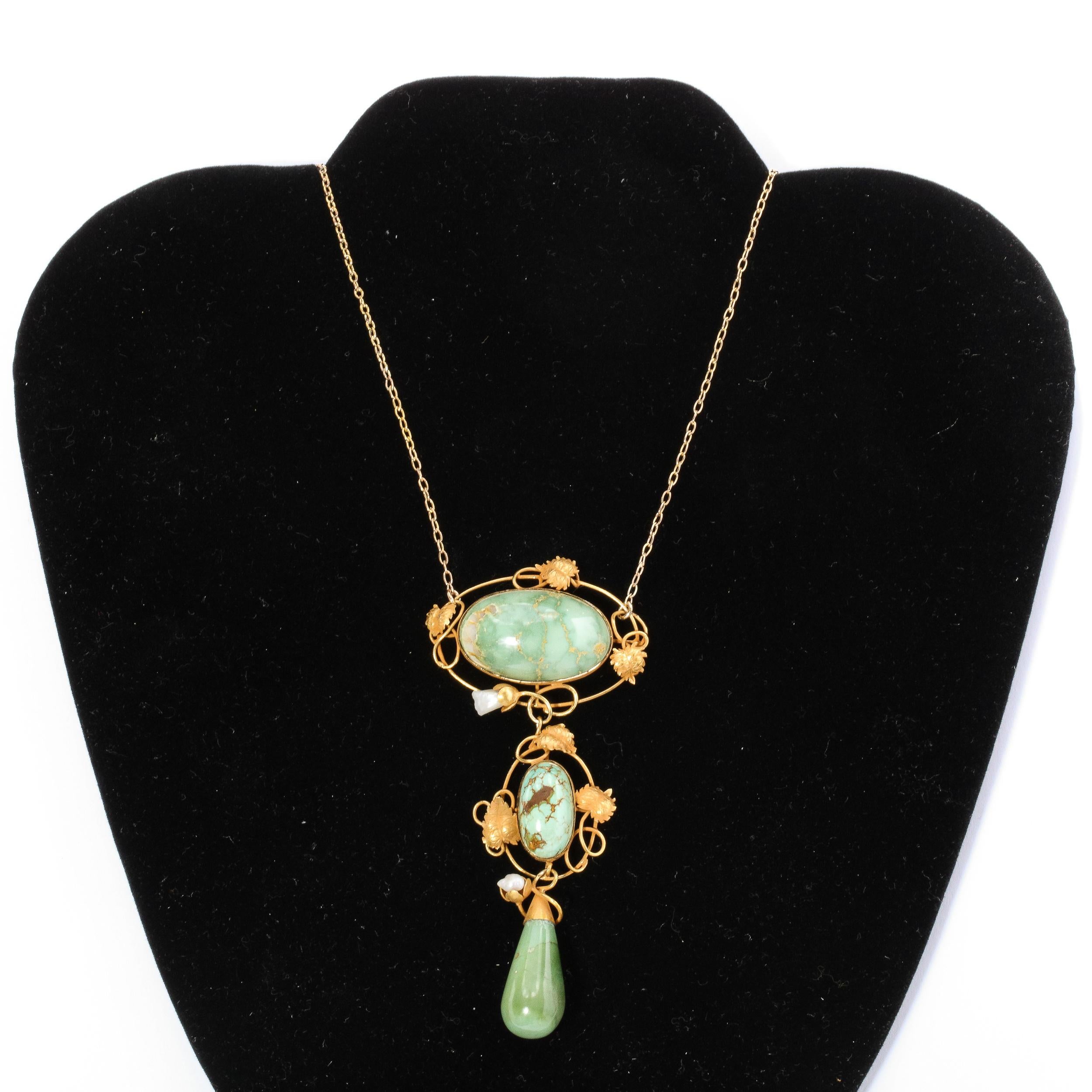 Art Nouveau 14k Gold Turquoise and Pearl Lavalier Style Necklace For Sale 1