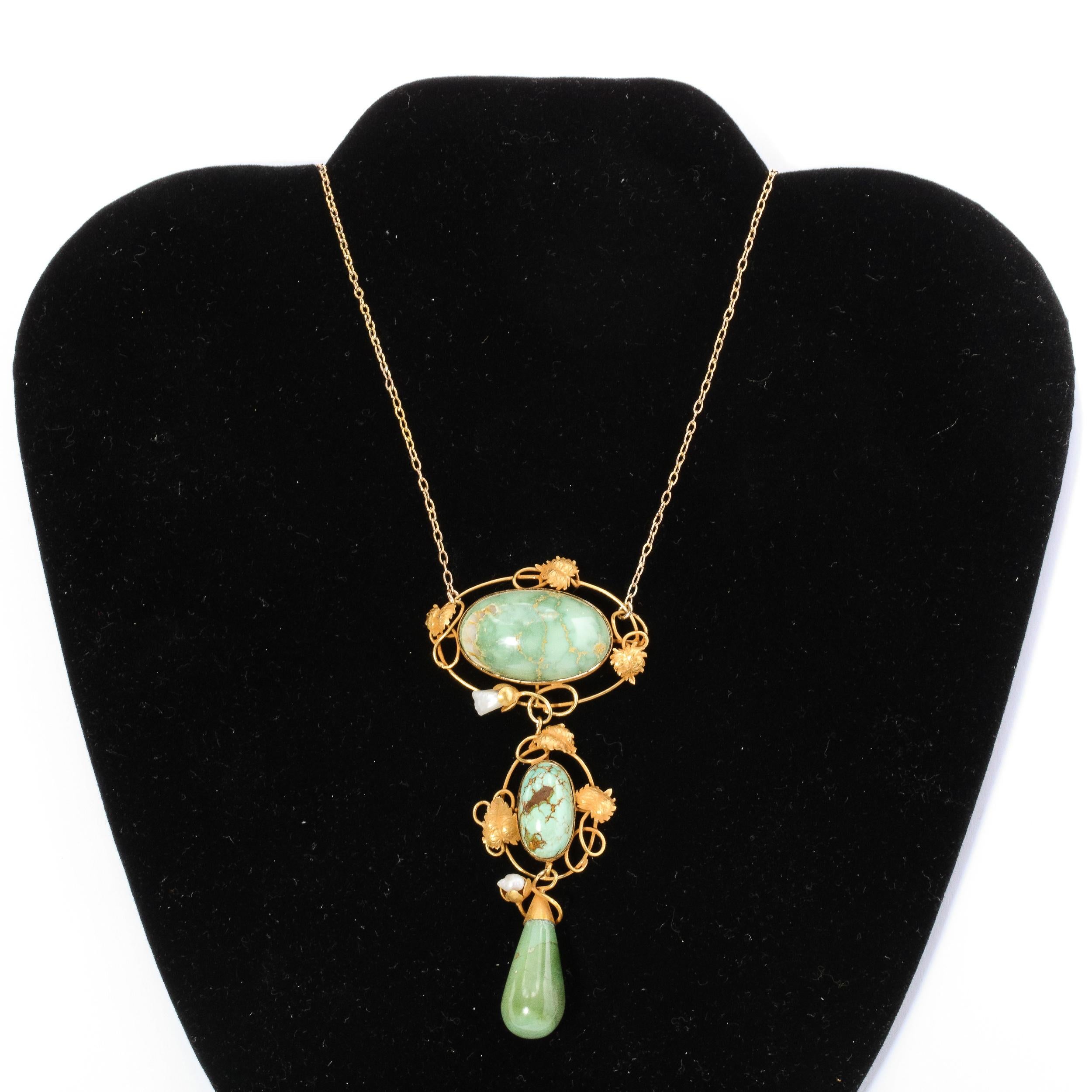 Collana Art Nouveau in oro 14k con turchese e perle stile Lavalier in vendita 3