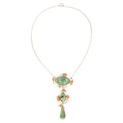 Art Nouveau 14k Gold Turquoise and Pearl Lavalier Style Necklace
