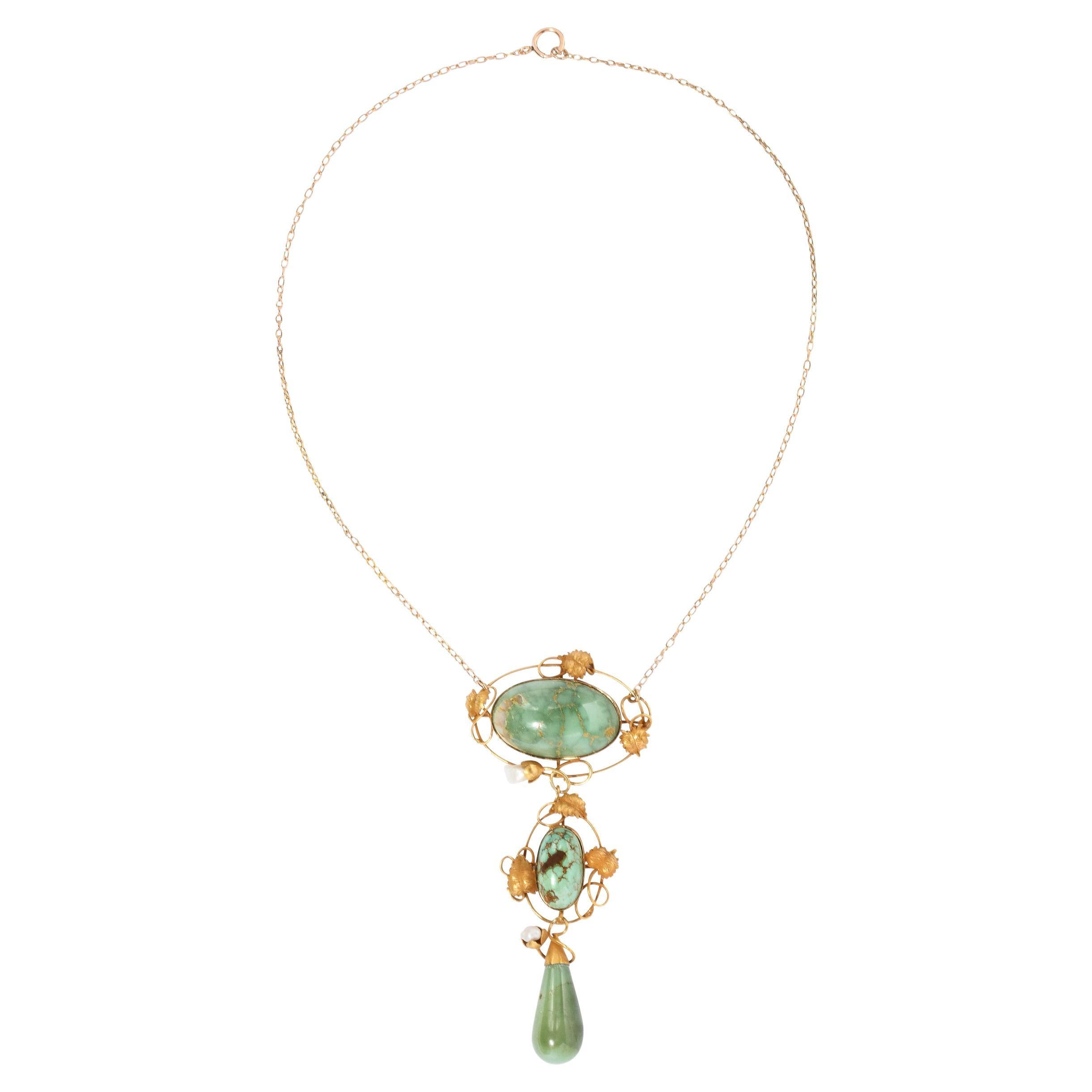 Collier de style lavallière Art nouveau en or 14 carats avec turquoises et perles