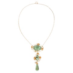 Collier de style lavallière Art nouveau en or 14 carats avec turquoises et perles