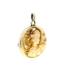 Art Nouveau 14k Gold Woman Locket Repoussé Locket & Diamond Pendant