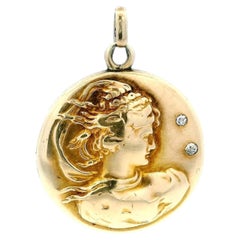 Art Nouveau 14k Gold Woman Locket Repoussé Locket & Diamond Pendant
