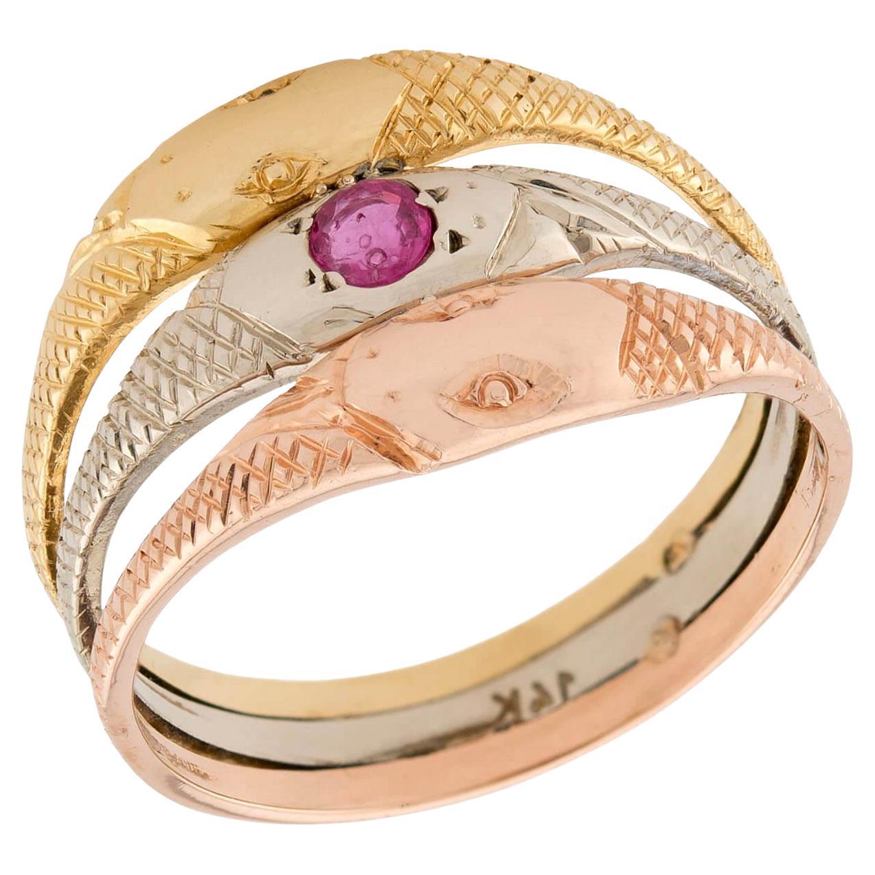 Art Nouveau 14k Mixed Metal Ruby Snake Ring For Sale