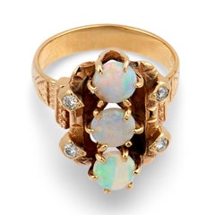 Art Nouveau 14k Opal & Diamond Navette Ring
