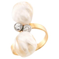 Art Nouveau 14k/Platinum Pearl and Diamond Bypass Ring