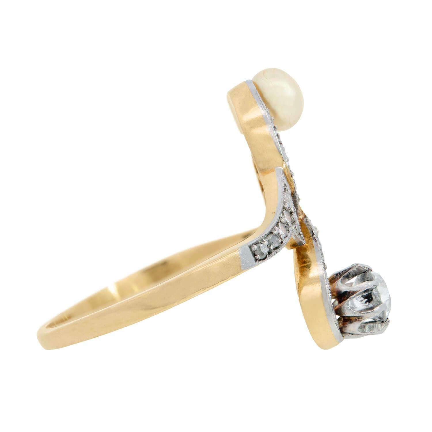 Art Nouveau 14k/Platinum Pearl and Diamond Moi Et Toi Ring In Good Condition For Sale In Narberth, PA
