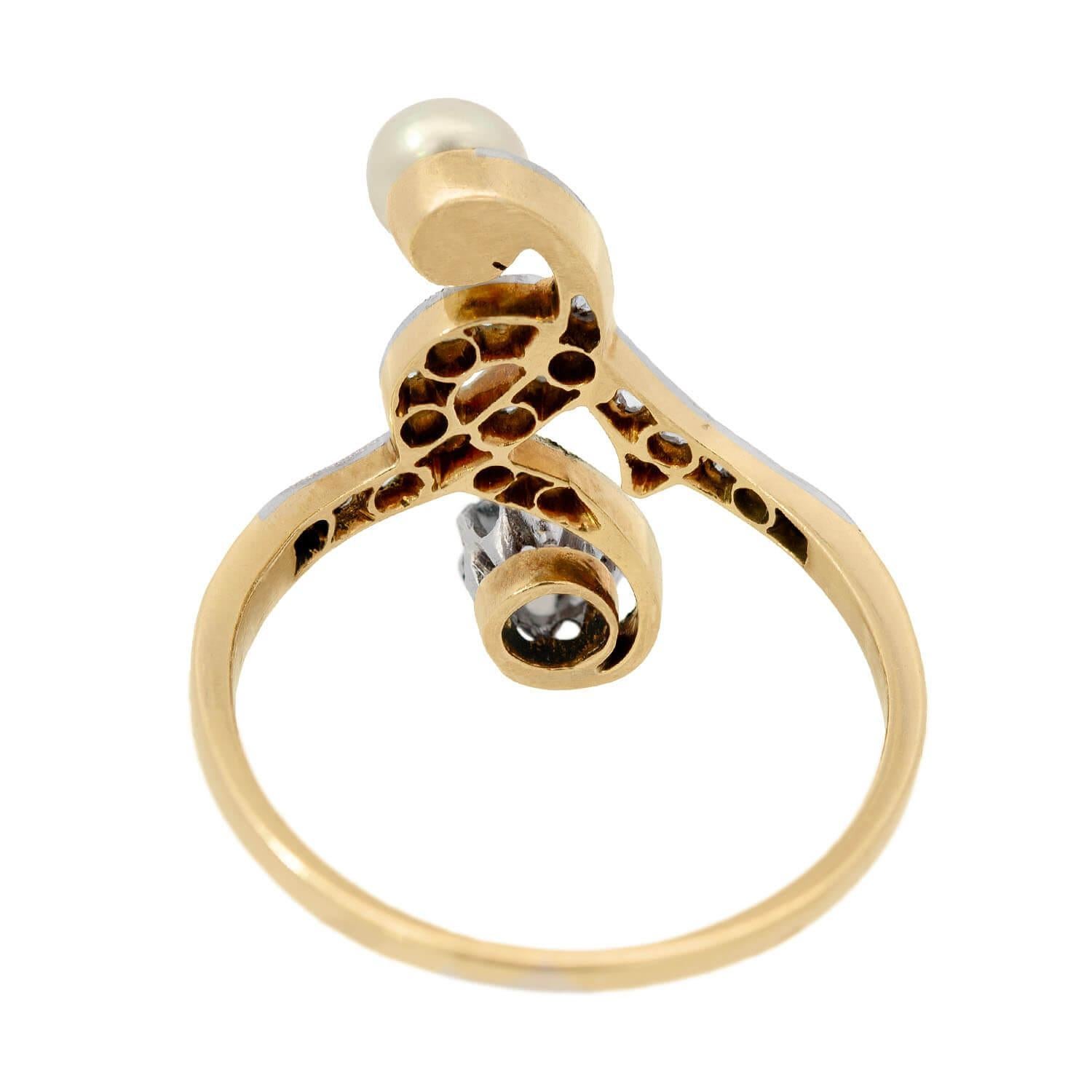 Art Nouveau 14k/Platinum Pearl and Diamond Moi Et Toi Ring For Sale 1