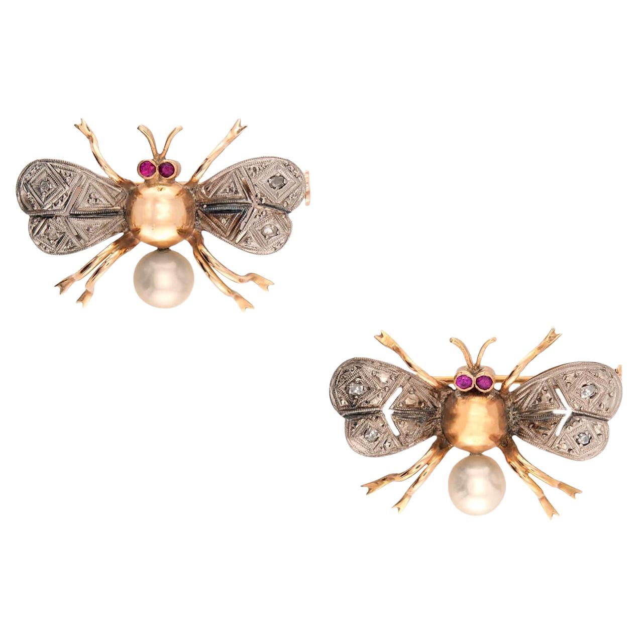 Art Nouveau 14k/Platinum Ruby, Pearl,
Diamond Bug Pin Set