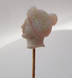 Art Nouveau 14 Karat Rose Gold Carved Opal Bust Stick Pin