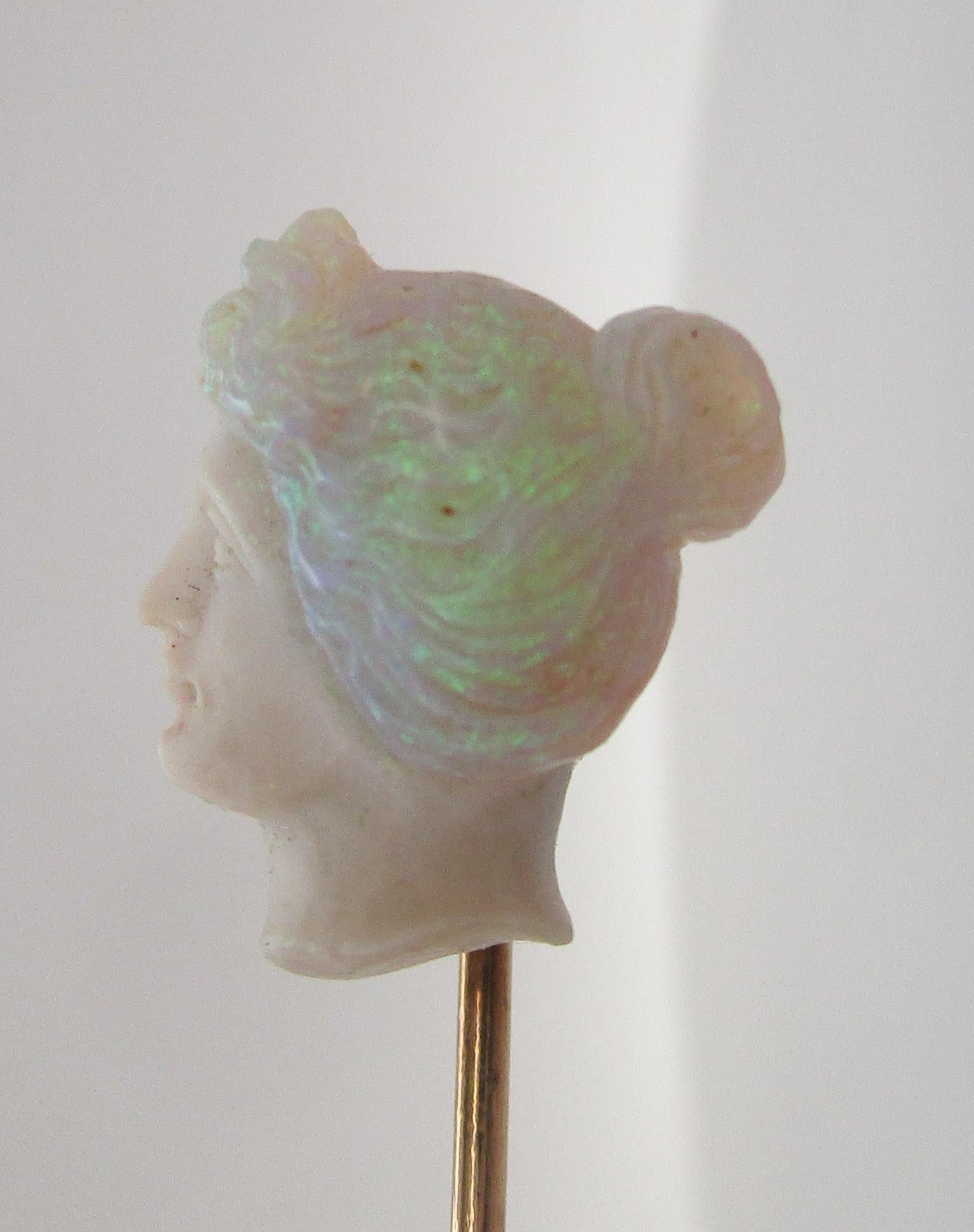 Uncut Art Nouveau 14 Karat Rose Gold Carved Opal Bust Stick Pin