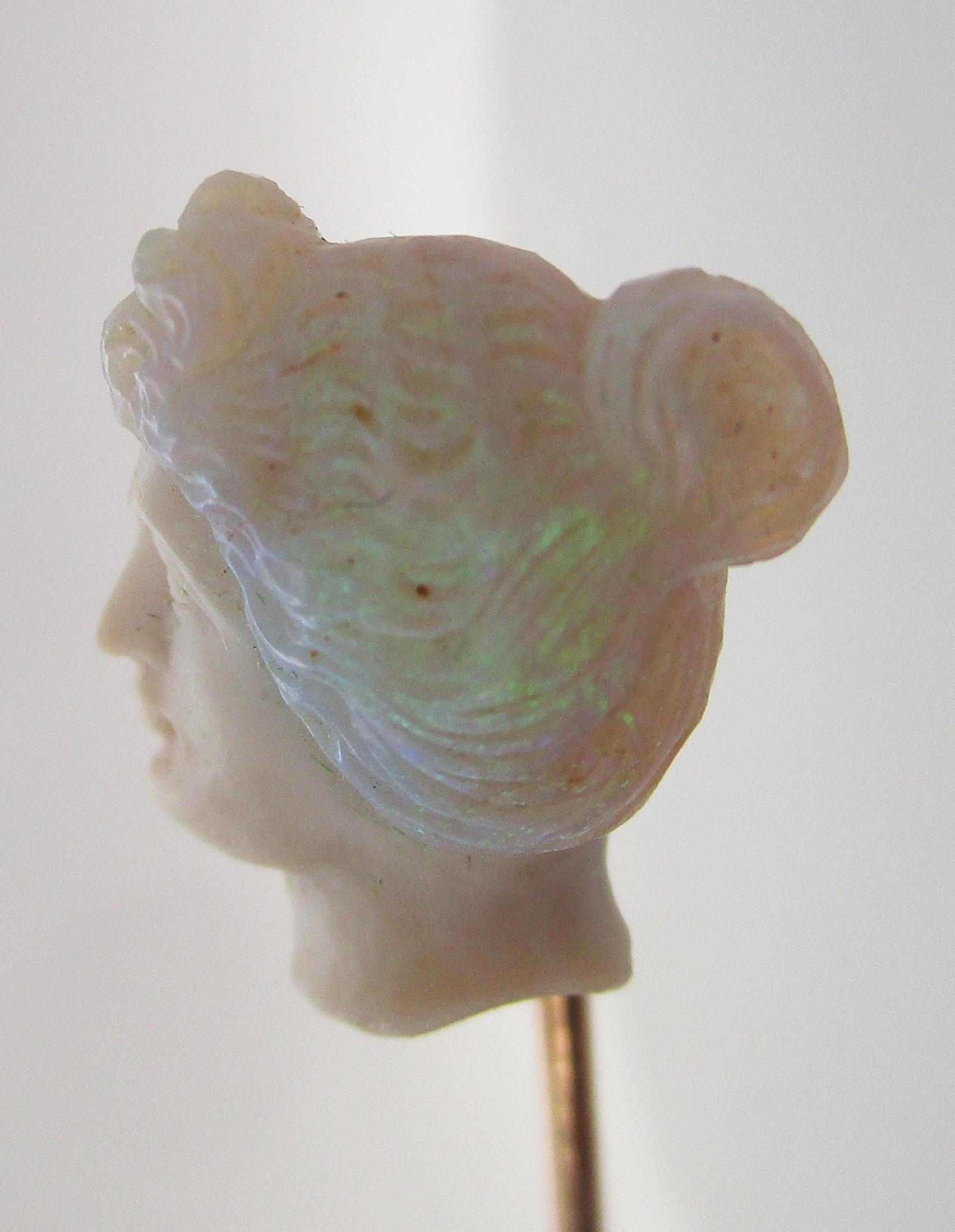 Art Nouveau 14 Karat Rose Gold Carved Opal Bust Stick Pin In Excellent Condition In Lexington, KY