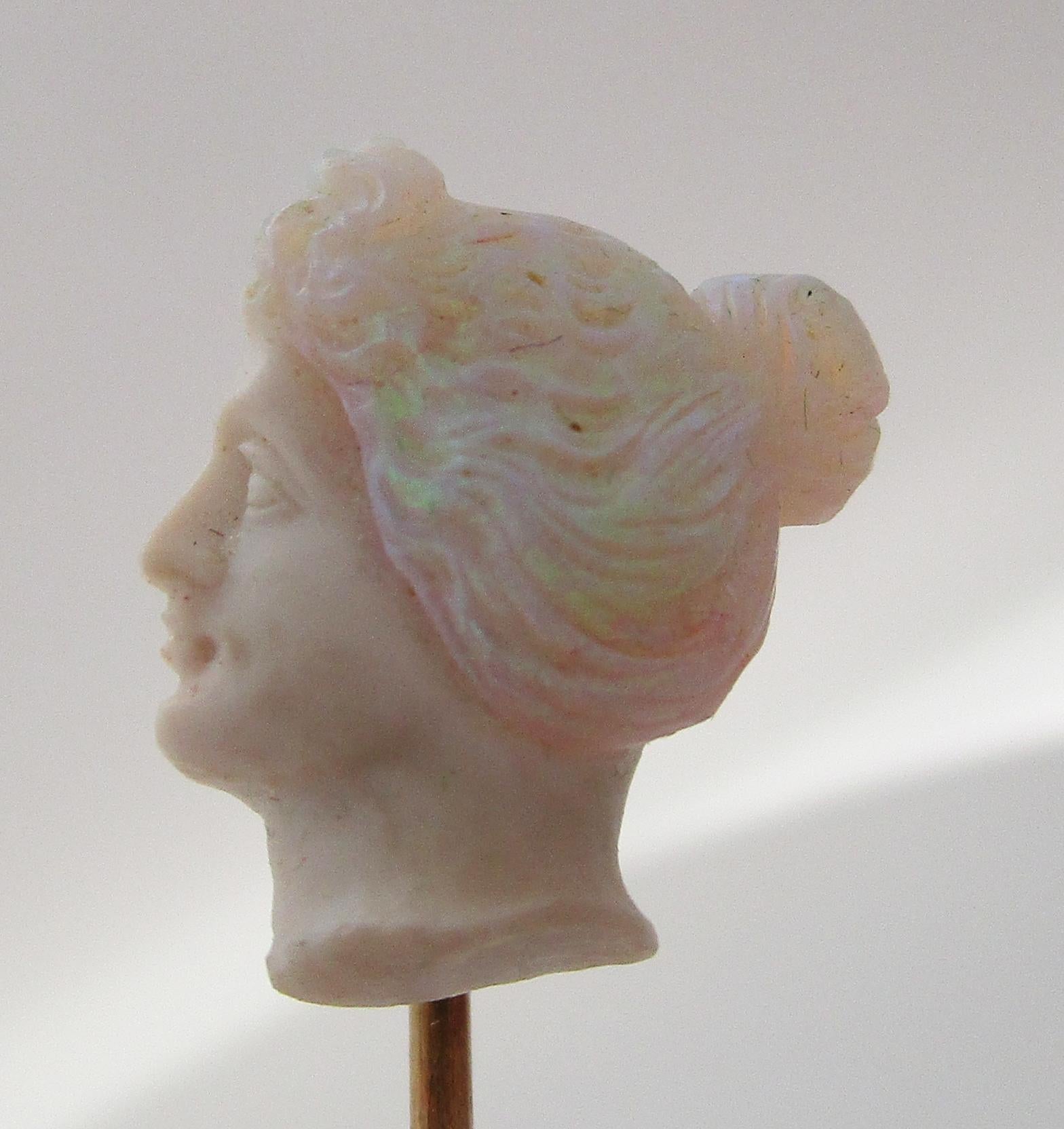 Women's or Men's Art Nouveau 14 Karat Rose Gold Carved Opal Bust Stick Pin