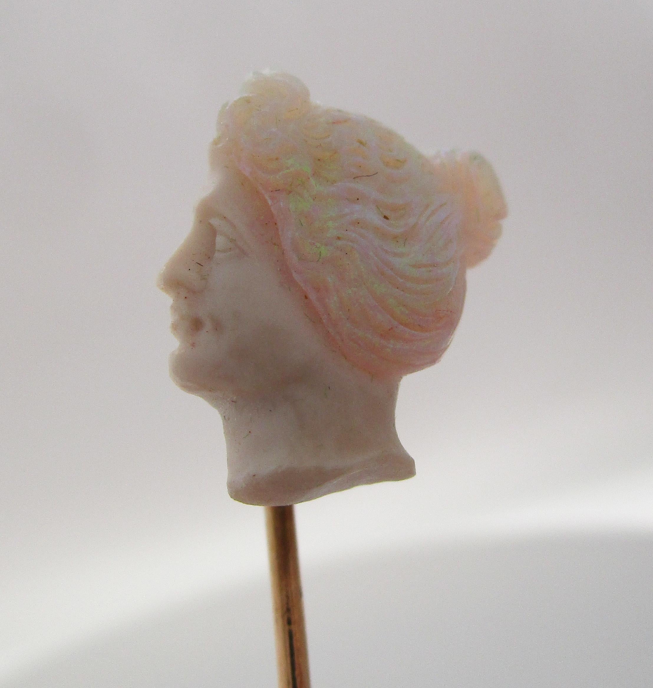 Art Nouveau 14 Karat Rose Gold Carved Opal Bust Stick Pin 1