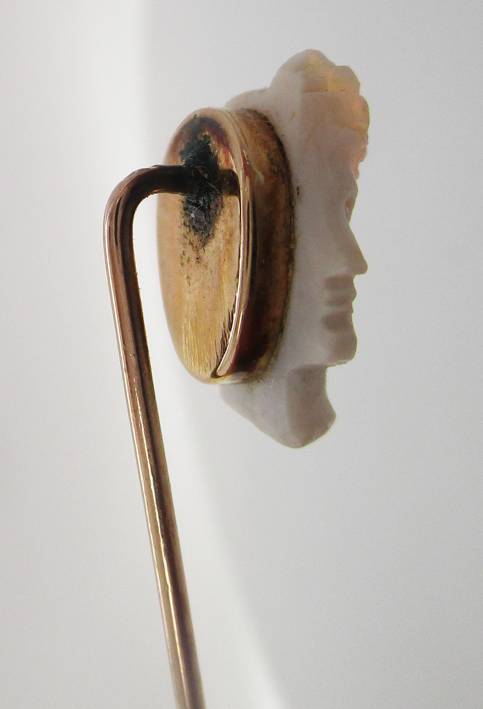 Art Nouveau 14 Karat Rose Gold Carved Opal Bust Stick Pin 2