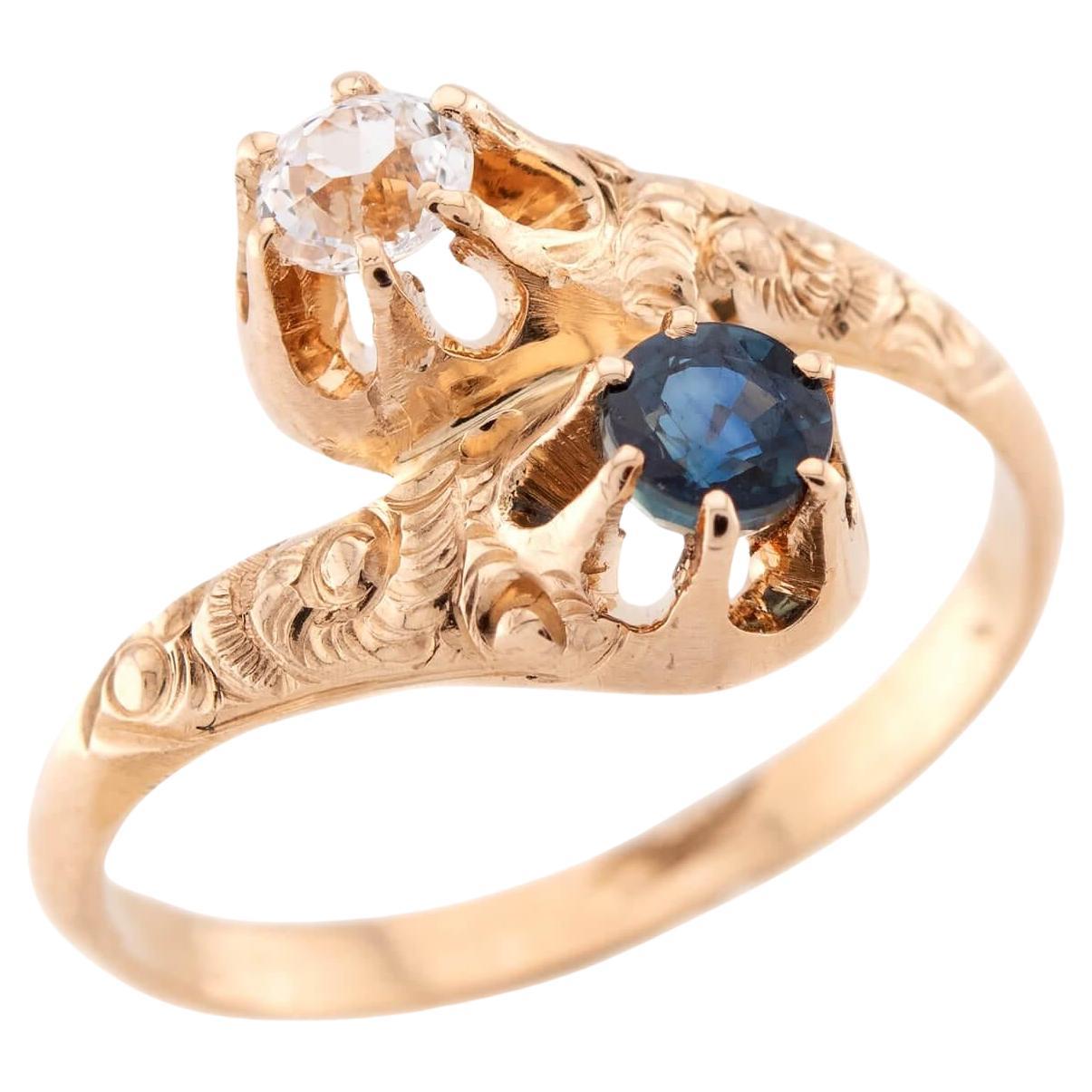 Art Nouveau 14k Sapphire & Diamond Moi et Toi Ring