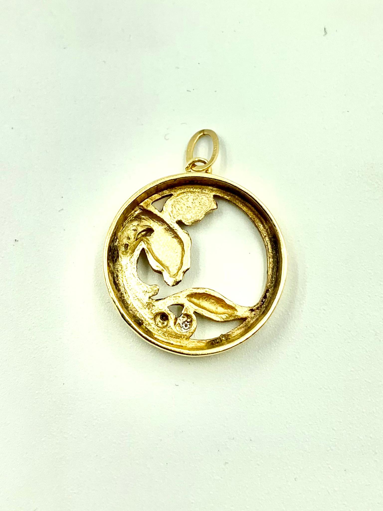 Art Nouveau 14K Yellow Gold and Diamond Circle Iris Flower Pendant, Charm 1