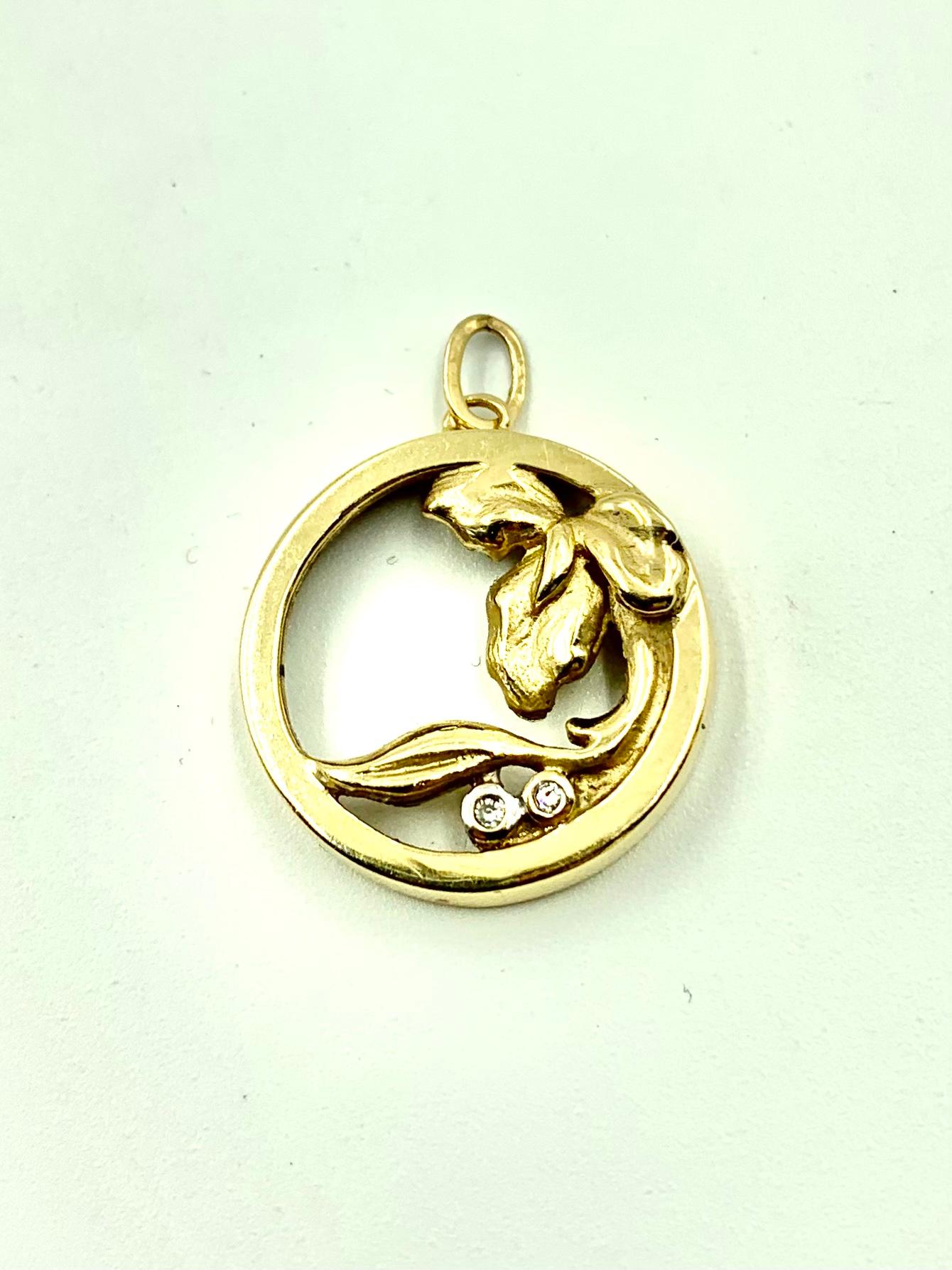 Art Nouveau 14K Yellow Gold and Diamond Circle Iris Flower Pendant, Charm 2