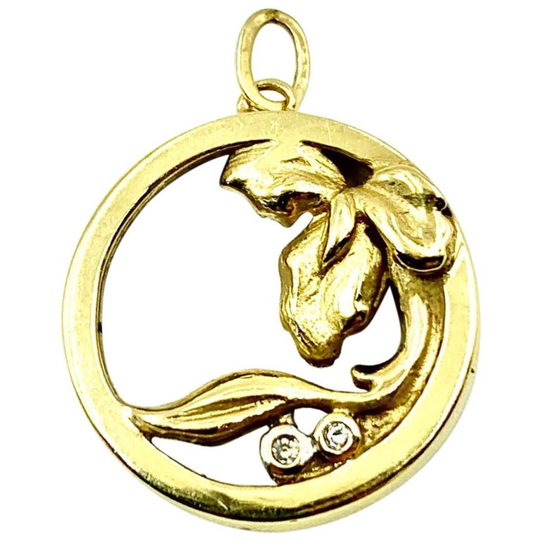 Art Nouveau 14K Yellow Gold and Diamond Circle Iris Flower Pendant ...