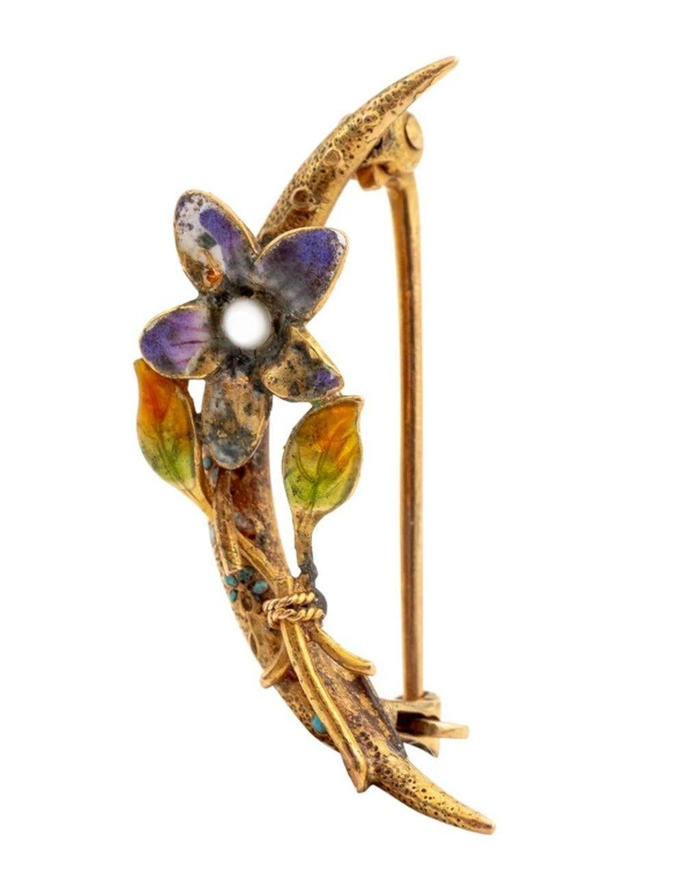 Round Cut Art Nouveau 14K Yellow Gold Enamel Baroque Pearl Flower and Moon Motif Brooch For Sale