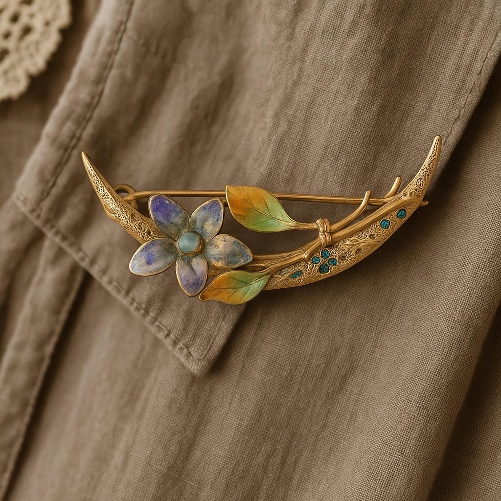 Art Nouveau 14K Yellow Gold Enamel Baroque Pearl Flower and Moon Motif Brooch For Sale 3