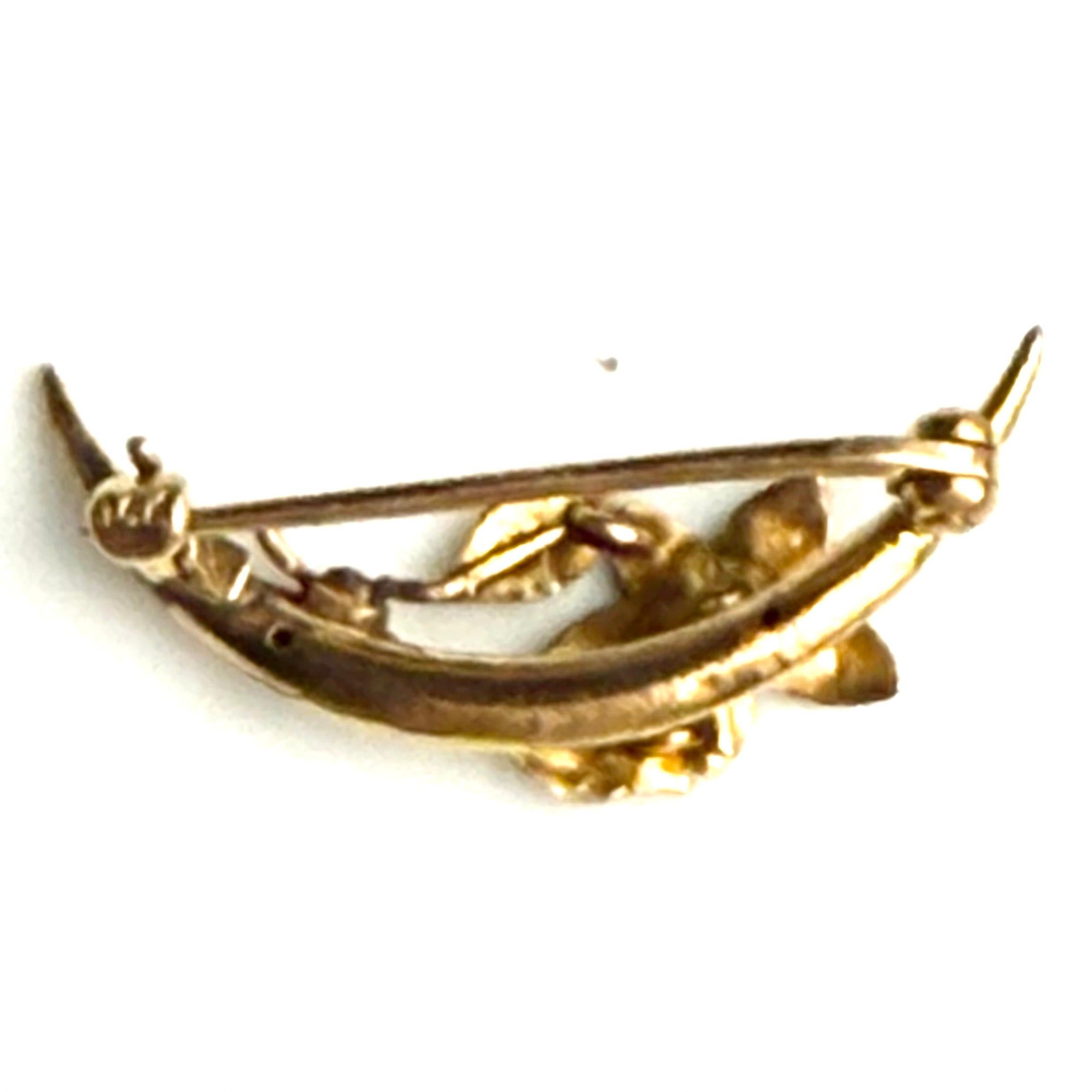 Women's or Men's Art Nouveau 14K Yellow Gold Enamel Baroque Pearl Flower and Moon Motif Brooch For Sale