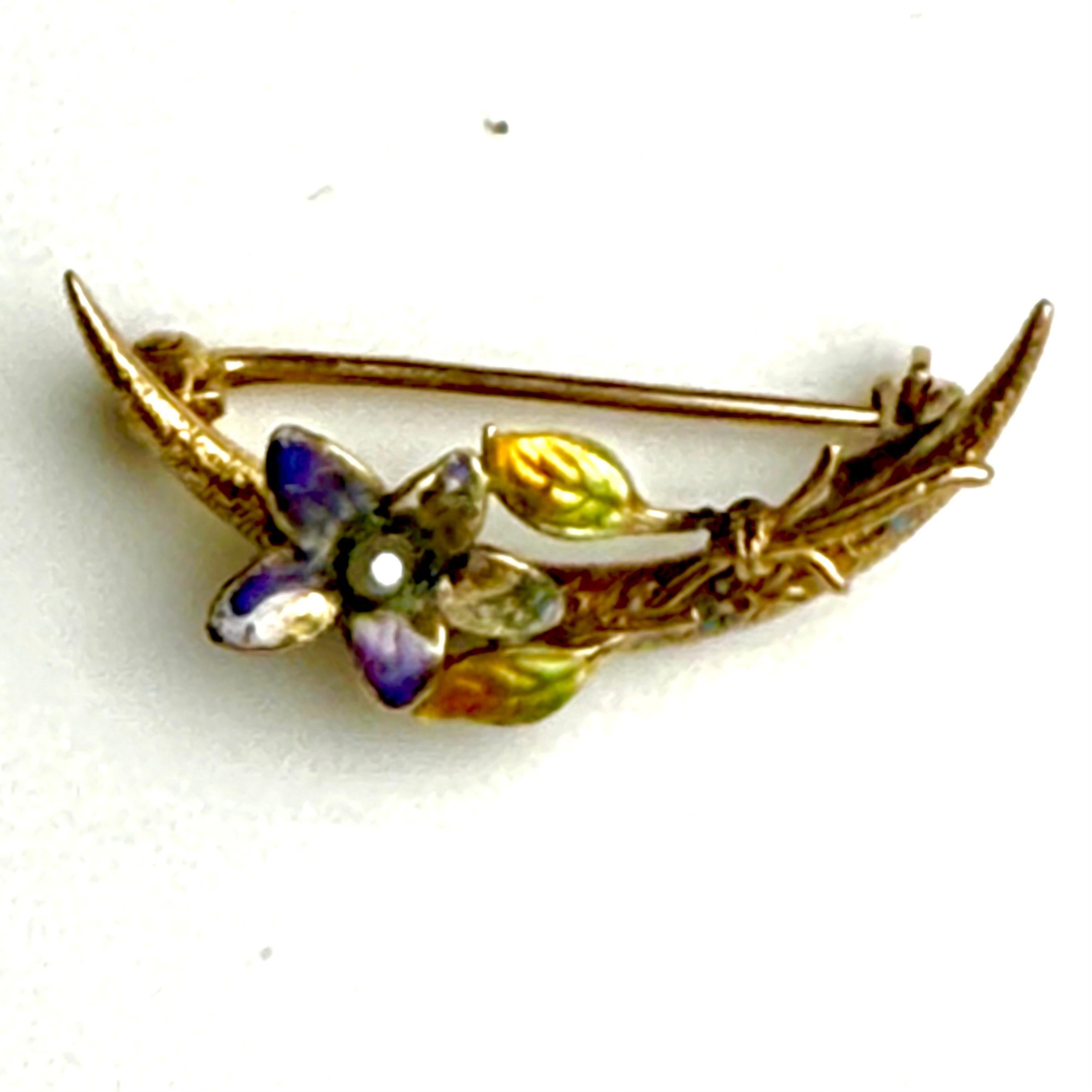 Art Nouveau 14K Yellow Gold Enamel Baroque Pearl Flower and Moon Motif Brooch For Sale 4