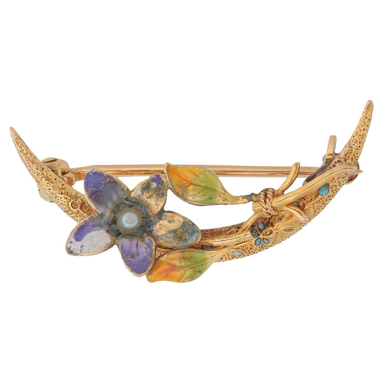 Art Nouveau 14K Yellow Gold Enamel Baroque Pearl Flower and Moon Motif Brooch For Sale