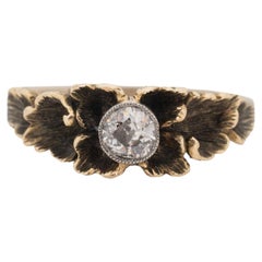 Art Nouveau 14K Yellow Gold Flower Designed Solitaire Diamond Statement Ring