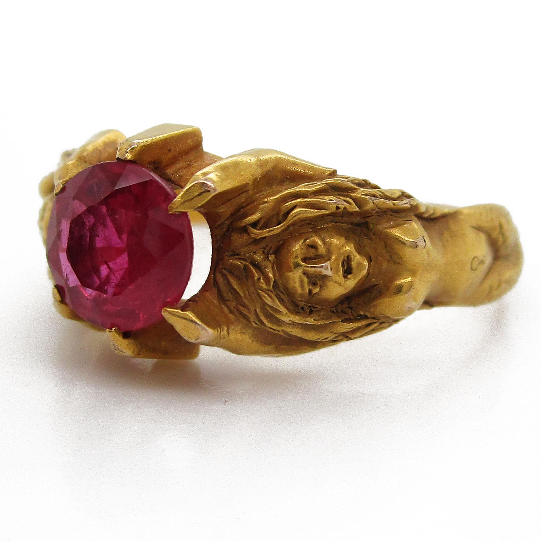 Art Nouveau 14 Karat Yellow Gold Mermaid Ruby Ring, circa 1890 In Excellent Condition In Lexington, KY