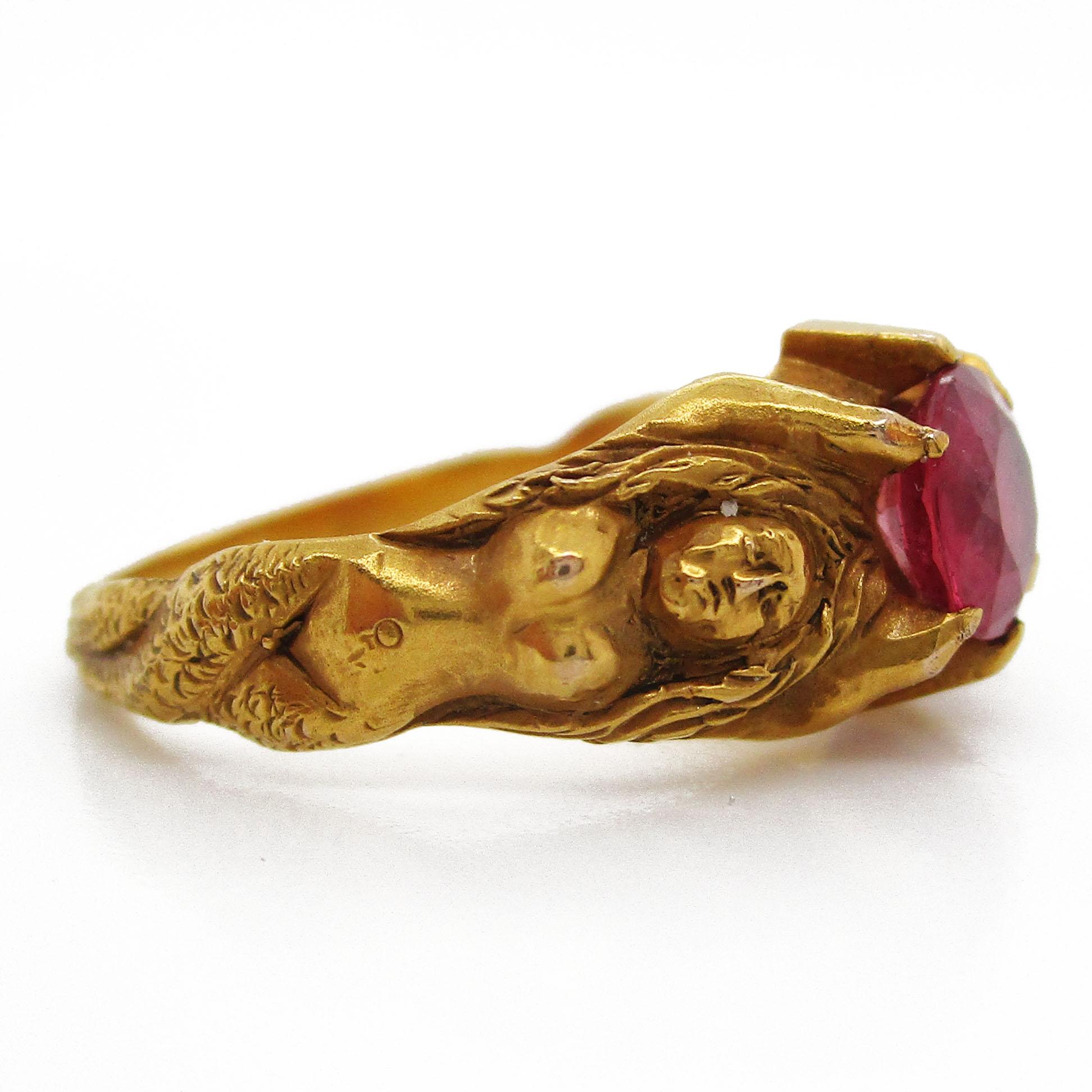 Women's or Men's Art Nouveau 14 Karat Yellow Gold Mermaid Ruby Ring, circa 1890