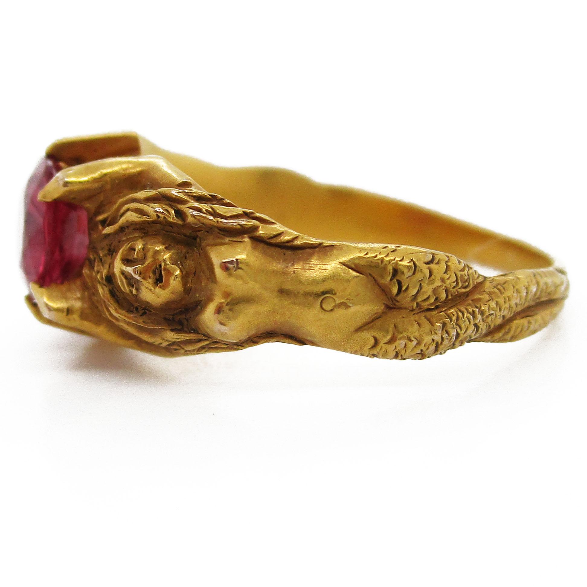 Art Nouveau 14 Karat Yellow Gold Mermaid Ruby Ring, circa 1890 1