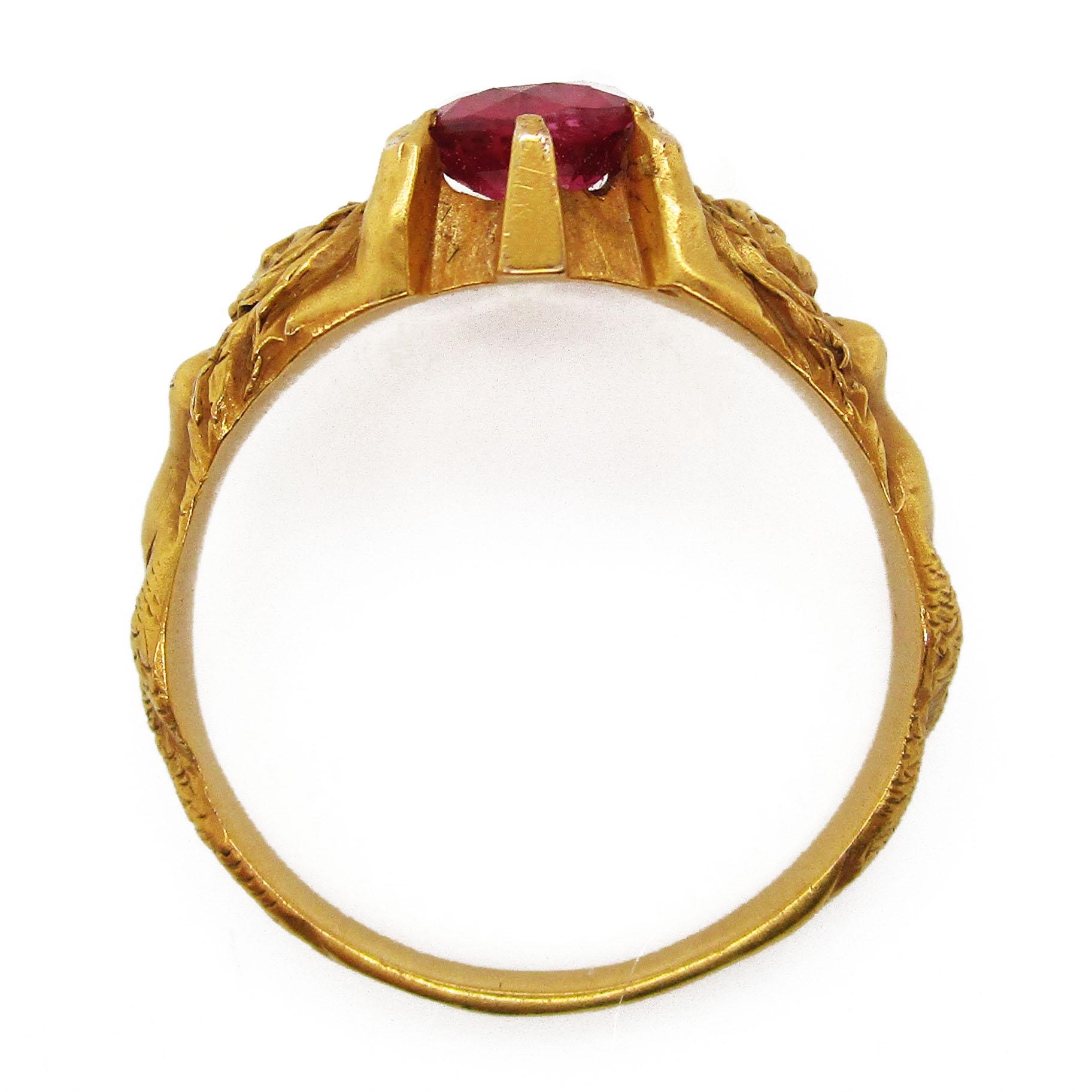 Art Nouveau 14 Karat Yellow Gold Mermaid Ruby Ring, circa 1890 3