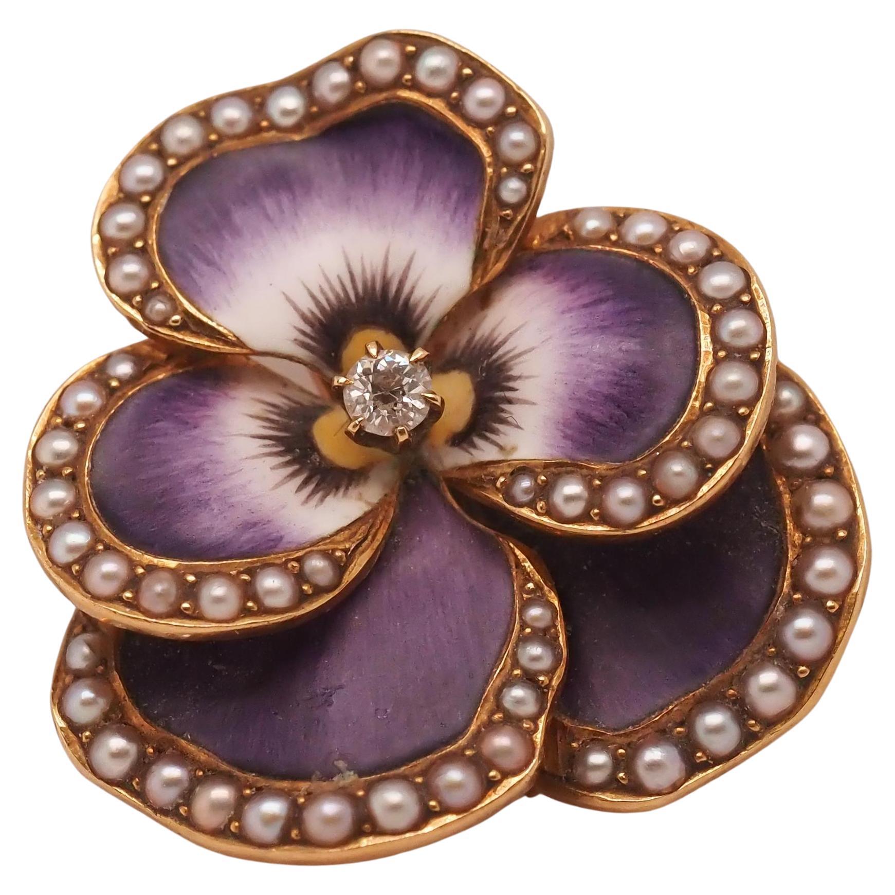 Pendentif et broche pansy Art nouveau en or jaune 14 carats, perles et diamants