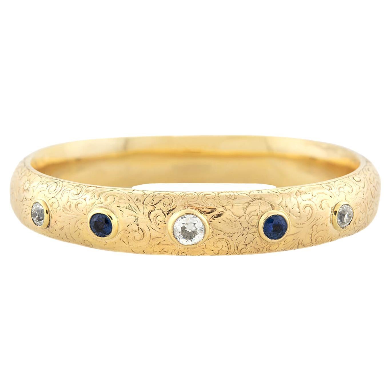 Art Nouveau 14kt 5-Stone Diamond + Sapphire Bangle Bracelet For Sale