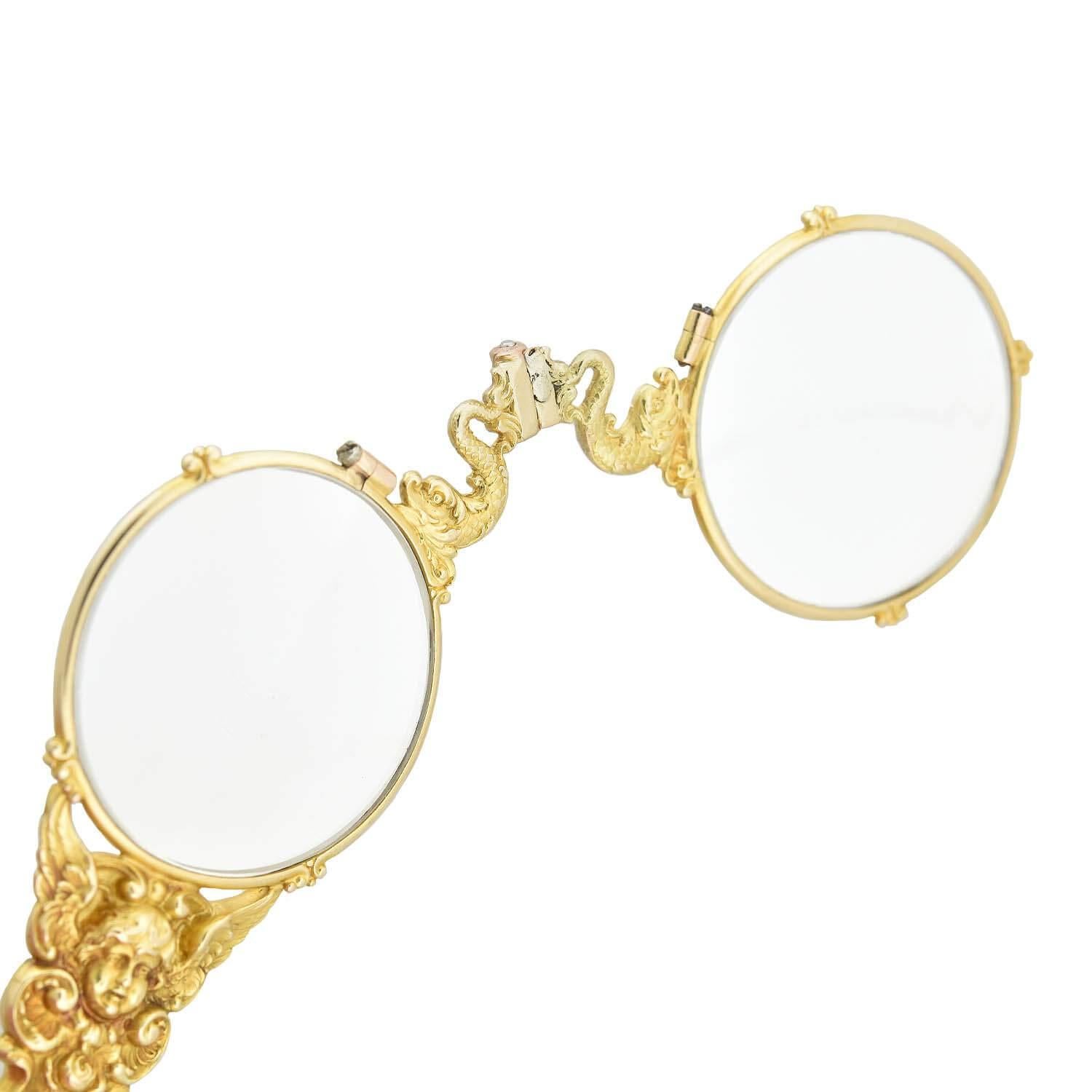 Art Nouveau 14kt Expandable Lorgnette Glasses In Fair Condition For Sale In Narberth, PA