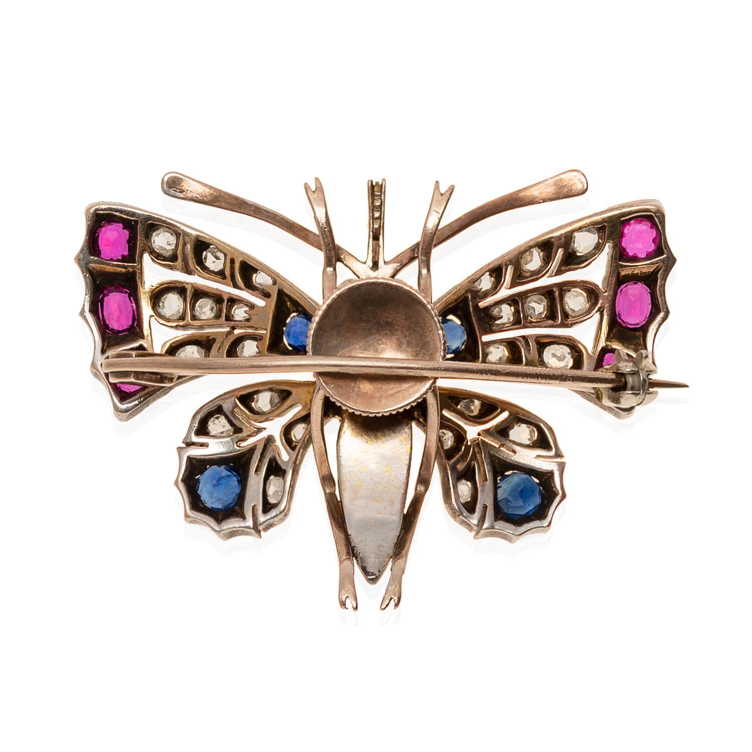 Rose Cut Art Nouveau 14kt/Sterling, Sapphire, Ruby, Diamond + Pearl Butterfly Pin/Pendant For Sale