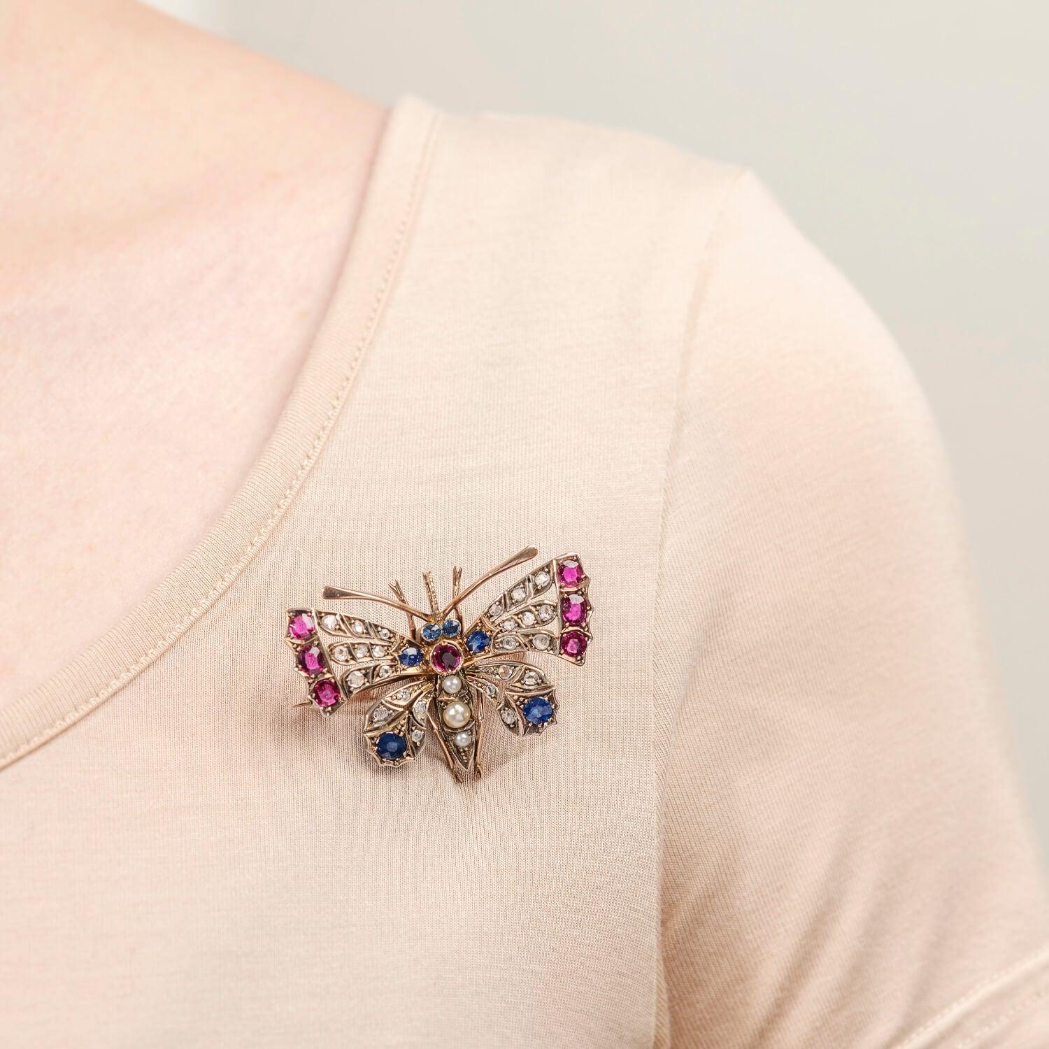 Women's Art Nouveau 14kt/Sterling, Sapphire, Ruby, Diamond + Pearl Butterfly Pin/Pendant For Sale